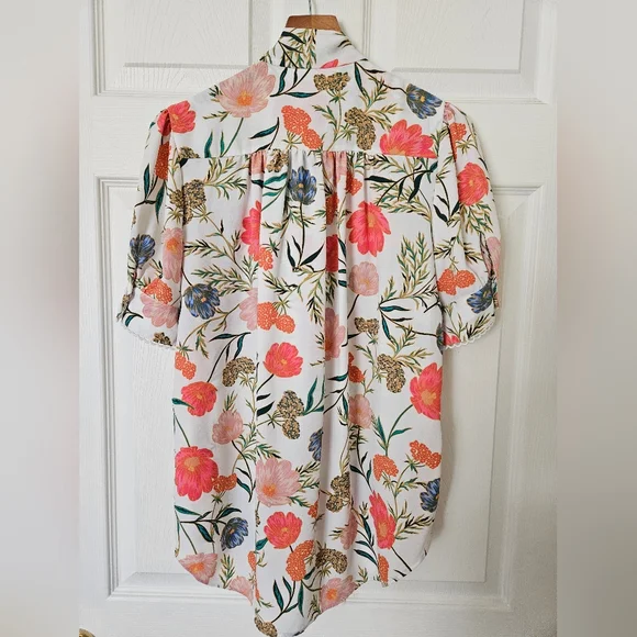 kate spade Floral Tie-Neck Blouse in White with Pink and Green - Picture 2 of 4